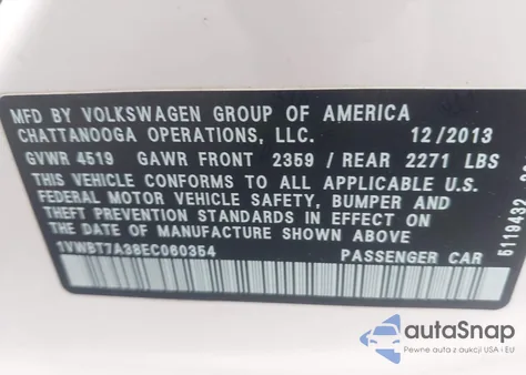 2014 Volkswagen Passat 1.8T Se из США, поврежденный, VIN 1VWBT7A38EC060354